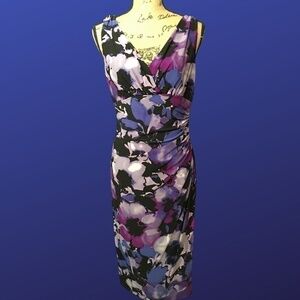 𝅺LAUREN RALPH LAUREN Empire Ruched Sheath, Sleeveless,“Purple Haze” Floral,10